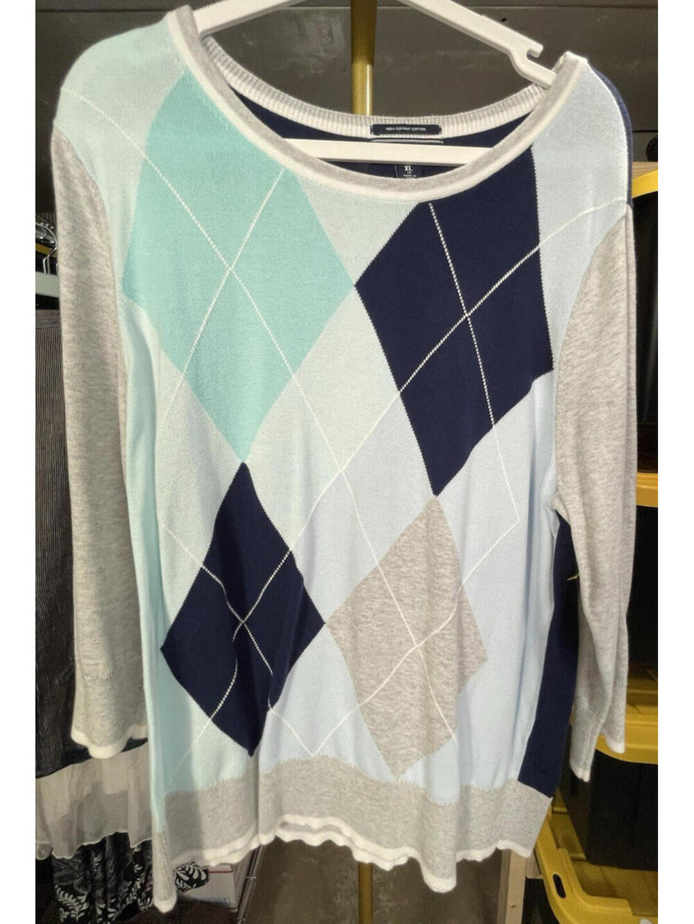 Lands' End Women's XL/18 Argyle Pullover Sweater 100% Cotton 3/4 Sleeve Knit EUC